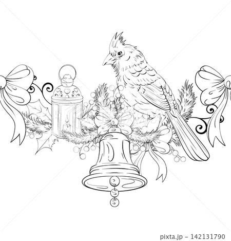 Arrangement of Birds and Festive Elements in a Seamless Pattern Background With Decorative Borders for Holiday Decorations and Coloring Activities 142131790