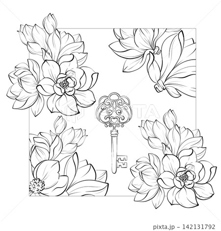 Magnolia vector artistic botanical frame black and white fine line illustration, elegant floral composition for posters, interior prints, branding and editorial design Magnolia vector artistic botanical frame black and white fine line illustration, elegant floral composition for posters, interior prints, branding and editorial design 142131792