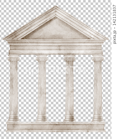 Ancient portico watercolor illustration with classical columns and triangular pediment isolated on background. Mediterranean architecture clipart for Italy, Greek, Roman and historical designs. Ancient portico watercolor illustration with classical columns and triangular pediment isolated on background. Mediterranean architecture clipart for Italy, Greek, Roman and historical designs. 142131837