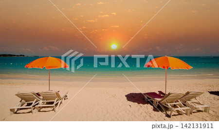 Parasols and beach in Mauritius island 142131911