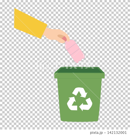 Hand throwing aluminum drink can into green recycle trash bin waste sorting eco concept sticker print visual graphic clipart artwork design icon element illustration 142132001