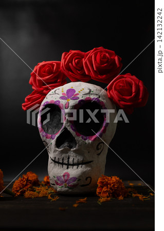 Dia de los Muertos Sugar Skull Still Life with Floral Crown for Remembrance Ads Dia de los Muertos Sugar Skull Still Life with Floral Crown for Remembrance Ads 142132242