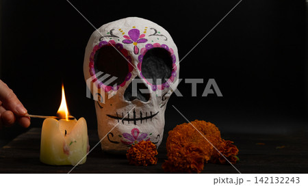 Day of the Dead Calavera Still Life with Candlelight and Marigolds Day of the Dead Calavera Still Life with Candlelight and Marigolds 142132243