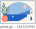 Minimalist mediterranean coast illustration with olive branches, sailboat and seaside view 142132441