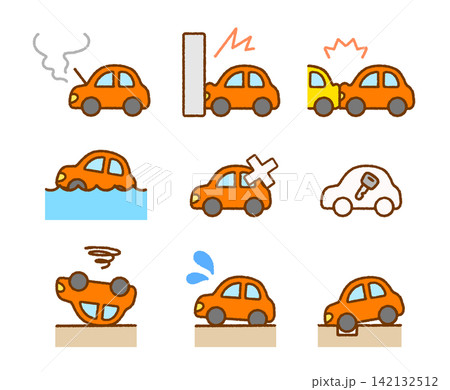 車のトラブル・事故を表現したイラストセット｜故障・保険・運転 142132512