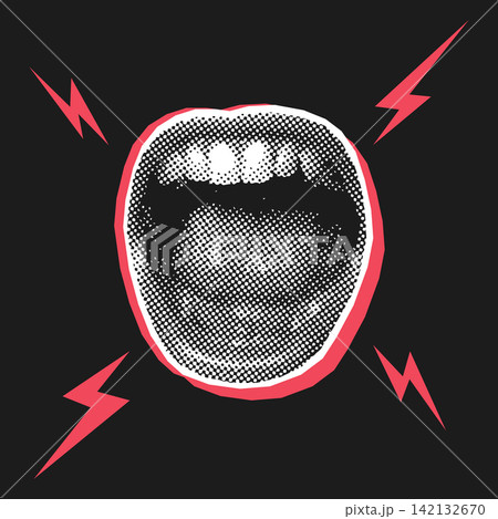 Screaming open mouth with lightning bolts on a dark background, vector illustration, halftone pop art style, bold energetic concept. Screaming open mouth with lightning bolts on a dark background, vector illustration, halftone pop art style, bold energetic concept. 142132670