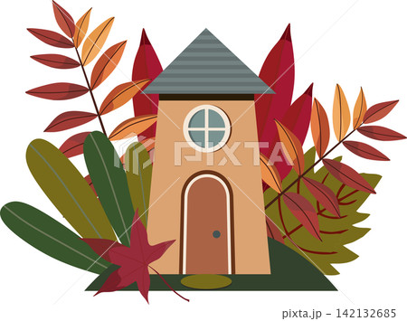 A cozy vector illustration of a tall fairytale house with beige walls, an arched door, and a round window under a gray roof. The building is surrounded by a composition of colorful autumn leaves, bran A cozy vector illustration of a tall fairytale house with beige walls, an arched door, and a round window under a gray roof. The building is surrounded by a composition of colorful autumn leaves, bran 142132685