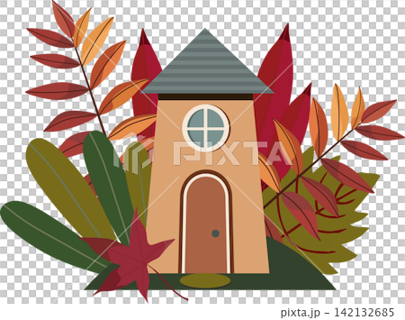 A cozy vector illustration of a tall fairytale house with beige walls, an arched door, and a round window under a gray roof. The building is surrounded by a composition of colorful autumn leaves, bran A cozy vector illustration of a tall fairytale house with beige walls, an arched door, and a round window under a gray roof. The building is surrounded by a composition of colorful autumn leaves, bran 142132685