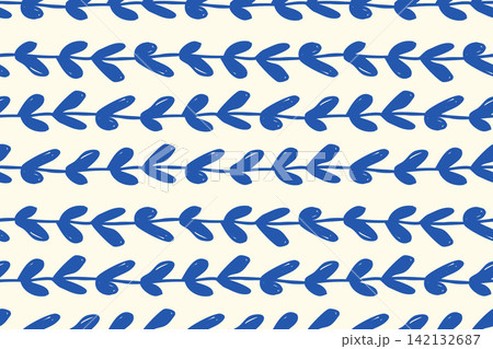 Hand painted blue vine leaves stripes vector seamless pattern, Minimal Mediterranean botanical summer background for textile and decor 142132687