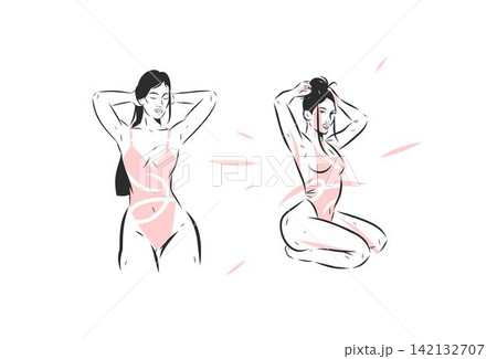Sensual Women in Lingerie Hand Drawn Vector Illustration, Feminine Body Beauty, Self Love and Body Confidence, Elegant Female Figures in Modern Line Art Style 142132707