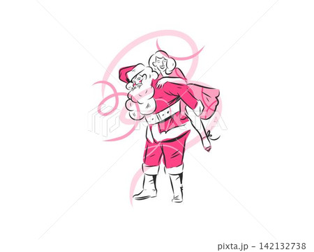 Santa Claus Carrying Happy Woman Hand Drawn Christmas Vector Illustration, Playful Holiday Romance, Festive Couple, Love and Funny New Year Celebration 142132738