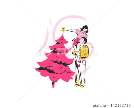 Couple Decorating Christmas Tree Hand Drawn Vector Illustration, Romantic Holiday Together, Love, Family Tradition and Happy New Year Celebration 142132739