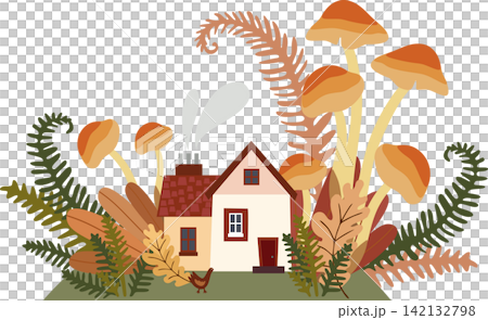 A cozy and fairytale vector illustration of a small country house with smoke coming out of the chimney. The building is surrounded by giant mushrooms, carved fern leaves, bushes, and autumn foliage, w A cozy and fairytale vector illustration of a small country house with smoke coming out of the chimney. The building is surrounded by giant mushrooms, carved fern leaves, bushes, and autumn foliage, w 142132798