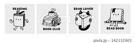 Doodle book characters. Funny emotional books icon. Cartoon funny walking and sitting mascot with bookmark. Cat reading, stack of books and mug. Vector cozy card 142132905