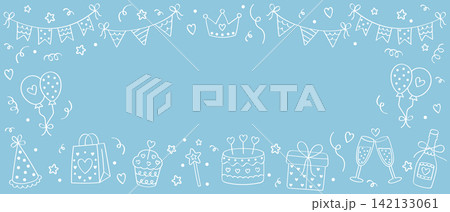 Birthday Party Doodle Frame with White Balloons, Bunting, Crown, Cake, Gifts, Champagne, Cupcake, Party Hat, Hearts and Confetti on Blue Background with Large Copy Space 142133061