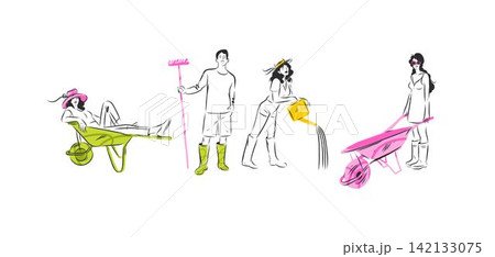 People Gardening and Relaxing in Garden, Gardeners with Wheelbarrow, Rake and Watering Can, Outdoor Summer Lifestyle Vector Illustration 142133075