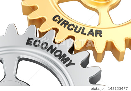 Circular Economy interlocking gears. 3D rendering Circular Economy interlocking gears. 3D rendering 142133477