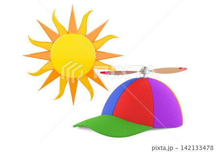 Colorful propeller hat with sun for summer heat and outdoor fun. 3D rendering Colorful propeller hat with sun for summer heat and outdoor fun. 3D rendering 142133478