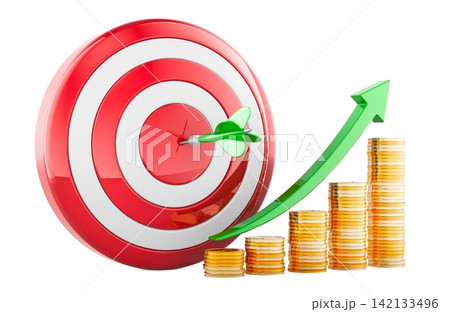 Target with coins and rising arrow for financial goal and profit growth. 3D rendering Target with coins and rising arrow for financial goal and profit growth. 3D rendering 142133496