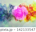 カラフルな薔薇のフレームと雲の中に見えるカラフルに輝くカラフルペイントタッチのアブストラクト背景 カラフルな薔薇のフレームと雲の中に見えるカラフルに輝くカラフルペイントタッチのアブストラクト背景 142133547