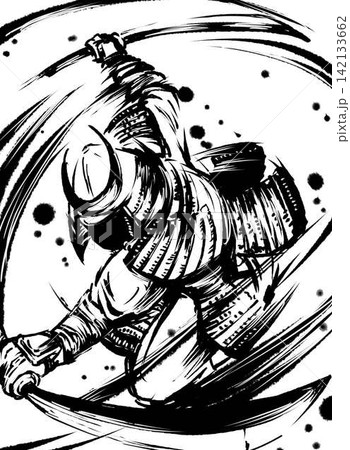 鎧武者の二刀の舞の墨絵イラスト 鎧武者の二刀の舞の墨絵イラスト 142133662