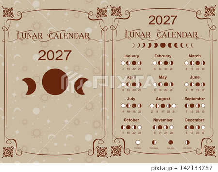 Moon calendar 2027 and Moon Phases. Lunar phases schedule and cycles, poster template design printable and cover banner design, vector illustration isolated on vintage retro style background 142133787