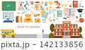 Colorful back to school collection featuring school supplies, books, notebooks, backpack, microscope, computer, classroom objects, school bus and school building 142133856