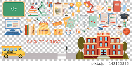Colorful back to school collection featuring school supplies, books, notebooks, backpack, microscope, computer, classroom objects, school bus and school building 142133856