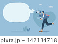 Marketing Communication Concept, Male employee runs with a loudspeaker in his hand announcing company news, Promote products, Important announcement, With large speech bubbles, Vector illustration. 142134718
