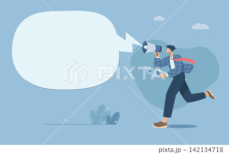 Marketing Communication Concept, Male employee runs with a loudspeaker in his hand announcing company news, Promote products, Important announcement, With large speech bubbles, Vector illustration. Marketing Communication Concept, Male employee runs with a loudspeaker in his hand announcing company news, Promote products, Important announcement, With large speech bubbles, Vector illustration. 142134718