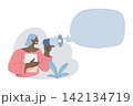 Important notice announcement, Promote products, Marketing communication concept, With large speech bubbles, Female employee holds a loudspeaker in her hand announcing news of the organization. 142134719