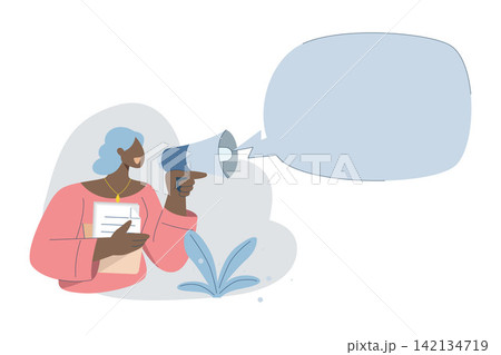 Important notice announcement, Promote products, Marketing communication concept, With large speech bubbles, Female employee holds a loudspeaker in her hand announcing news of the organization. Important notice announcement, Promote products, Marketing communication concept, With large speech bubbles, Female employee holds a loudspeaker in her hand announcing news of the organization. 142134719