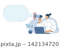 Marketing communication concept, Important notice announcement, Promote products, With large speech bubbles, Female employee holds a loudspeaker in her hand announcing news of the organization. 142134720