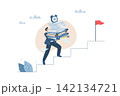 Businessman carrying a lot of documents walks up the stairs to his destination, Busy business concept, Racing against the clock, Time management and work efficiency, vector design illustration. 142134721