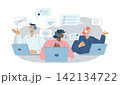 Technical support or customer service team, Hotline, Call center representative, Online customer consultation or feedback, Staff wearing headphones help provide customer service. Vector design. 142134722