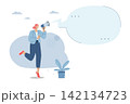 Marketing communication concept, Important notice announcement, Promote products, With large speech bubbles, Female employee holds a loudspeaker in her hand announcing news of the organization. 142134723