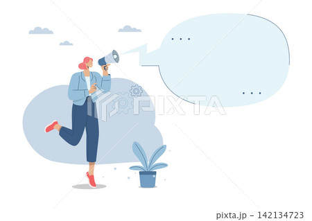 Marketing communication concept, Important notice announcement, Promote products, With large speech bubbles, Female employee holds a loudspeaker in her hand announcing news of the organization. 142134723