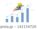 Growth or business progress achieves goals beyond expectations, Successful business ideas, Investments that exceed expectations, Businessman flying with light bulb and high growth bar graph. 142134726