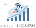 Growth or business progress achieves goals beyond expectations, Successful business ideas, Investments that exceed expectations, Businessman riding a rocket up with a high growing bar graph. 142134729