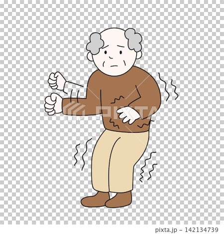 The image shows an elderly man with Parkinson's disease whose hands and feet are trembling. The image shows an elderly man with Parkinson's disease whose hands and feet are trembling. 142134739