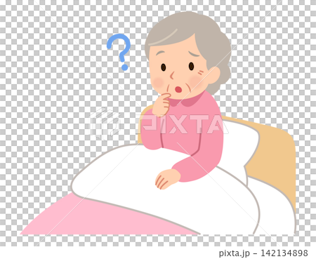 An elderly woman sitting on a bed speaks, asks questions, and has an expression. 142134898
