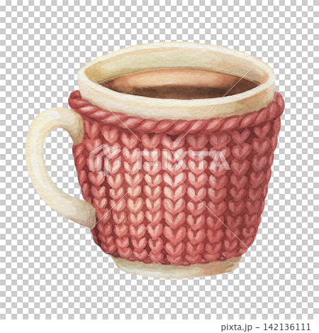 Watercolor white cup with red heart knitted pattern and hot coffee. Vintage winter mug creates a cozy Christmas design. Great for card poster and sticker use. Cafe and home decoration seasonal art. Watercolor white cup with red heart knitted pattern and hot coffee. Vintage winter mug creates a cozy Christmas design. Great for card poster and sticker use. Cafe and home decoration seasonal art. 142136111