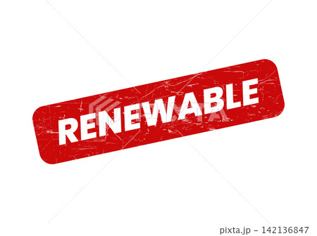 A bold red grunge stamp prominently displays the word RENEWABLE, symbolizing environmental sustainability and clean energy A bold red grunge stamp prominently displays the word RENEWABLE, symbolizing environmental sustainability and clean energy 142136847