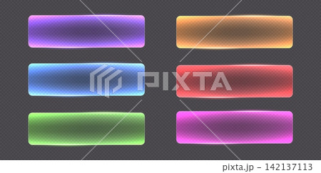 Transparent glass buttons with glowing neon edges. Futuristic rounded action buttons. 142137113