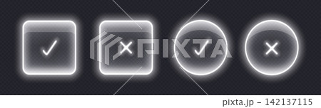 Neon checkmark icons, glowing check buttons, illuminated signs. 142137115