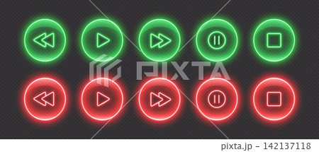 Neon media player buttons. Glossy glowing audio control icons. 142137118