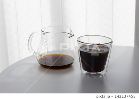 おうちカフェのイメージ|白を基調とした部屋に置かれたアイスコーヒーと二重グラス おうちカフェのイメージ|白を基調とした部屋に置かれたアイスコーヒーと二重グラス 142137455