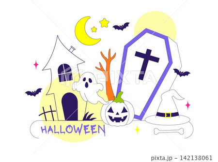 Halloween Vector Illustration Featuring Spooky Pumpkin, Ghost, Tombstone, and Festive Decorations In a Flat Cartoon Background Halloween Vector Illustration Featuring Spooky Pumpkin, Ghost, Tombstone, and Festive Decorations In a Flat Cartoon Background 142138061