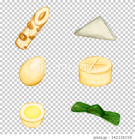 Watercolor illustration of a set of 6 oden ingredients 142138159