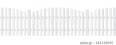 White wooden picket fence seamless background. Wood plank scallop barrier for farm, park, backyard, frontward, garden, country field, palisade. Repeating rustic enclosure border. Vector illustration 142138505